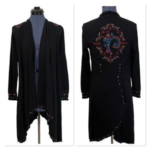 Caite Black Embroidered Boho Duster Cardigan Open Front Western Boho Artsy S